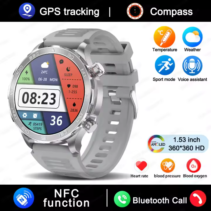 Reloj inteligente resistente al agua para hombre, pulsera con pantalla HD de 1,53 pulgadas, GPS, NFC, control del ritmo cardíaco, llamadas, Bluetooth, para Android - 1