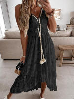 Vestido Fruncido con borlas, Sin Mangas, Cuello en V, Vestido Largo con Volantes y Fruncido con Cordones para Mujer - details 5