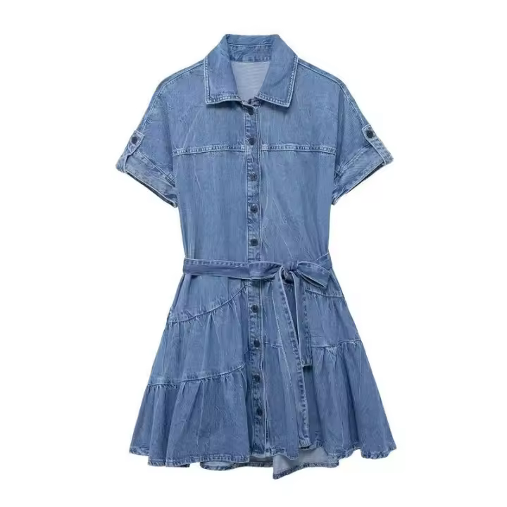 Moda Verano Primavera para Mujer OUWU Vestido Vaquero con Botón de Acolchado y Borde con Volantes - 1
