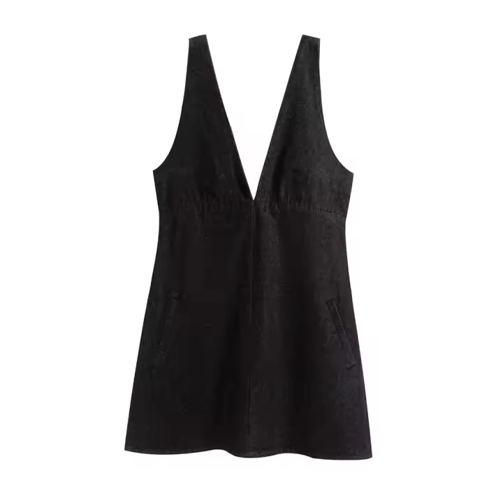 PB & ZA2025denim vestido con tirantes anchos y escote en V profundo, Falda corta acampanada a la moda informal, novedad de verano, ropa para mujer - 1