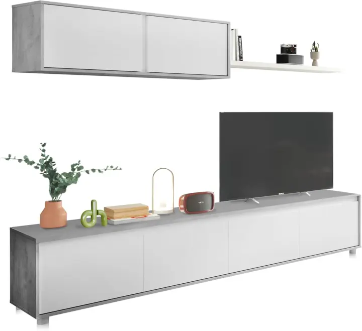Conjunto Reversible de Salón, Mueble de TV, Módulos de Comedor, Modelo Arlet, Acabado en Blanco Artik y Roble Canadiense, Medidas: 200 cm (Largo) x 41 cm (Fondo) 43 cm (Alto) - 1