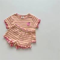 Conjunto de ropa de manga corta a rayas para bebé, Tops con borde de oreja para niña + traje corto de 2 piezas, artículos de ropa con estampado de uva para niño, novedad de verano 2025 - details 5