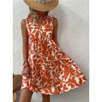 Mini vestido con estampado de señoras, vestido sin mangas elegante con borde de volantes con cuello en V, vestido sin mangas suelto informal de fiesta en la playa de gran tamaño - details 3
