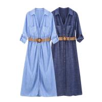 BUNO-2025vestido con decoración de bolsillo, cuello en V, a rayas, para ir al trabajo, básico, suelto, temperamento, ropa de verano para mujer - details 1