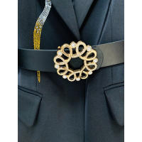 Traje de pantalón de talla grande con cuentas de diamantes para mujeres, pantalón acampanado, blazer corto con cinturón, conjunt - details 7