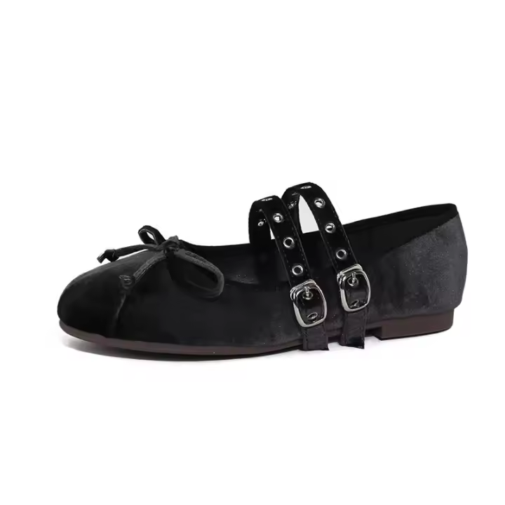 2025 Zapatos Mary Jane de terciopelo con suela suave francesa y una sola tira para mujer de principios de primavera, zapatos sencillos de gamuza con lazo de hadas. - 1