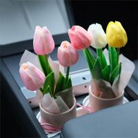 Ramo de tulipanes artificiales realistas portátiles, flor de tulipán de simulación de PU con cubo, ramo de flores falsas, adornos montados en el coche - details 3