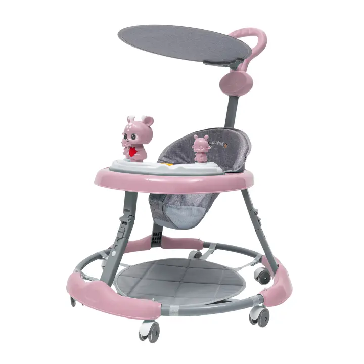 Andador plegable para bebé, juguete acolchado, rueda silenciosa de PVC, rosa, música, coche de juguete ajustable - 1