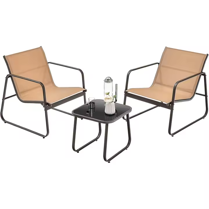Juego de Muebles de Jardín 3 Piezas, Muebles de Balcón para 2 Personas, 2 Sillas de Tela Transpirable, Mesa de Café con Tablero de Vidrio Templado, para Jardín, Terraza (Marrón) - 1