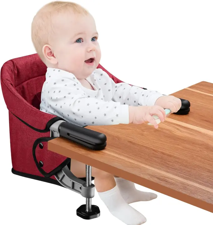 Mesa para bebé, Trona portátil plegable con arnés de seguridad, asiento infantil enganchable con bolsa de transporte para casa y viajes (gris) - 1