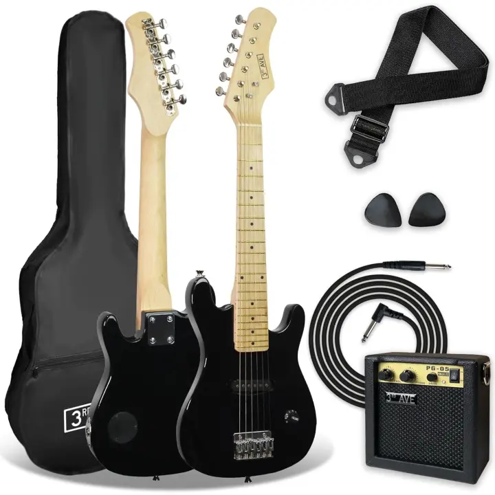 3er Pack de guitarra eléctrica de tamaño 1/4 para niños principiantes de 3rd Avenue, amplificador portátil de 5 W, cable, funda de transporte, púas y correa, Negro - 1