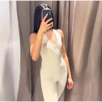 OUWU- Mono acampanado con cuello halter para mujer, elegante, sin espalda, sin mangas, delgado, elástico, de una pieza, elegante moda urbana - details 0