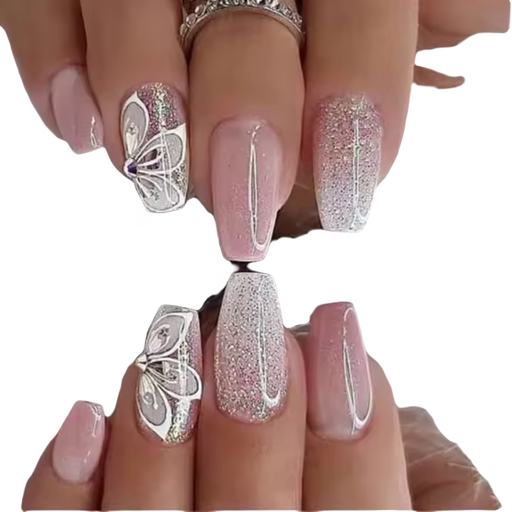 24 Piezas de Uñas Postizas de Longitud Media Diseño de Mariposas con Diamantes de Imitación - 1
