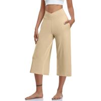 2024 primavera y verano mujeres elástico cintura alta 3/4 pantalón sólido Casual ajuste activo pantalones de pierna Capris anchos pantalones con bolsillos - details 59