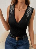 Chaleco negro con cuello en V profundo para mujer, top sexy sin mangas con lentejuelas, camiseta de fiesta de verano - details 1