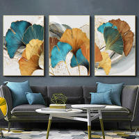 Lienzo de Pintura Moderna Nórdica en Azul y Oro con Hojas de Plantas y Ginkgo Abstracto para Decoración de Sala de Estar - details 3
