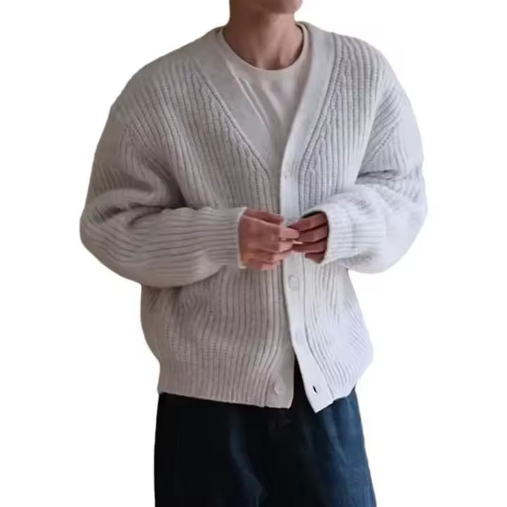 Suéter de lana de invierno y otoño para hombre, cuello en V grueso de un solo pecho con botones, chaqueta de punto, suéter elástico de color sólido - 1