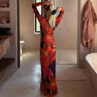 BUNO Vestido largo elástico informal básico con estampado de gato extraño colorido de terciopelo con cuello redondo y dobladillo de manga para mujer - details 8