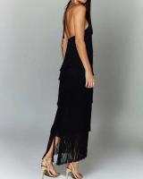 Vestido con abertura y espalda descubierta con flecos y cuello a la moda para mujer - details 10