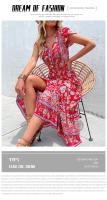 Vestido Boho Floral Vintage Manga Corta, Cuello en V, Vestido de Playa de Verano Bohemio - details 1