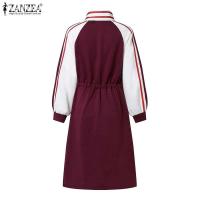 ZANZEA-vestido deportivo de primavera para mujer, vestido informal a la moda de manga larga con rayas en contraste, vestido Midi con cuello levantado y cordón en la cintura - details 5