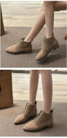 Botas de mujer Otoño e Invierno botas cortas de estilo británico Color sólido gamuza puntiagudas con cordones tacón grueso botas de gran tamaño - details 6