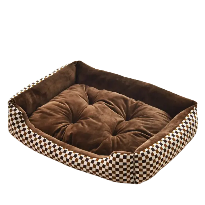 Cama a cuadros café para mascotas, casa versátil para perros pequeños y grandes, perrera acogedora, estera cálida para cachorros - 1