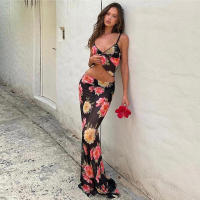 BUNO-Conjunto de dos piezas de retazos para mujer, Top corto sin mangas con cordones y cuello Halter, falda larga ajustada, traje de vacaciones en la playa - details 2