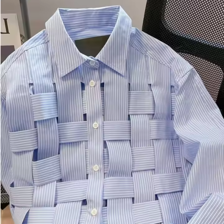 Camisa tejida a cuadros a rayas, nuevo diseño Sense Niche Chic, camisa azul de manga larga para primavera y otoño 2024 - 1