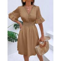 Vestido de verano para mujer, nuevo estilo, con costuras, escote en V y cintura de color liso. - details 22