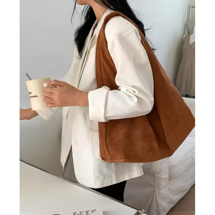 Bolso de Mano de Ante de Moda 2025 Bolso de Hombro Crescente Retro Bolso de Trabajo de Suéder para Mujeres Bolso de Dumpling - 1