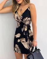Vestido casual con cuello en V y estampado tropical para mujer, minivestido sin mangas para vacaciones de verano - details 7