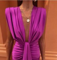 BUNO-2025 Vestido midi sin mangas plisado con cuello en V de satén elegante para mujer. - details 10