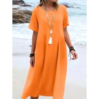 Vestido de manga corta con cuello redondo de color sólido estilo vacaciones de verano 2025 - details 2