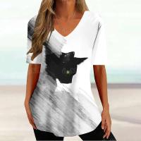 Camiseta Gráfica de Gato Kawaii Manga Corta, Estampado Haruku, Cuello en V, Ropa Suelta para Mujeres - details 21