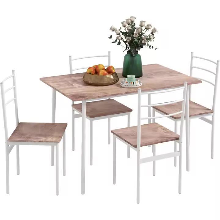 Juego de Comedor de Madera Natural y Blanco 5 Piezas de Mesa y Sillas con Patas de Acero para Cocina y Restaurante - 1