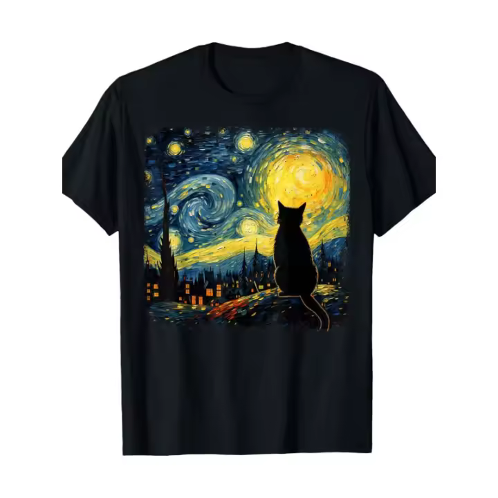 Camiseta Van Gogh Estrella Fosforescente Amante de los Gatos - 100% algodón - 1