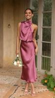 Elegante Vestido Largo de Satén de Color Sólido Cuello Halter sin Mangas Ideal para Fiestas - details 1