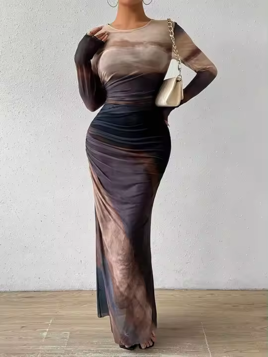 Vestido largo ajustado a la moda de otoño, manga larga, estampado ral, vestidos ajustados para fiesta y discoteca - 1