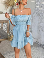 2025 primavera y verano estilo de vacaciones de ocio europeo y americano color sólido borde de hongo vestido de manga corta falda corta para mujer - details 16