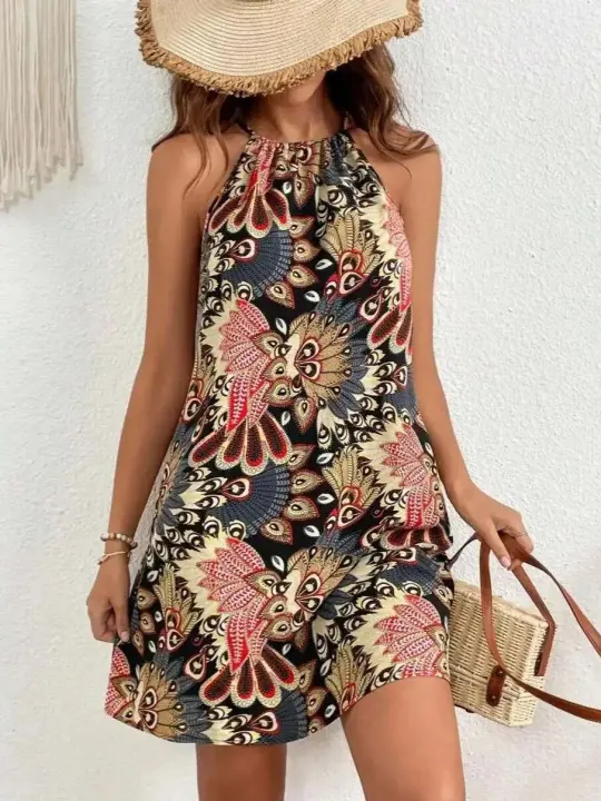 Vestidos bohemios de verano para mujer, vestido Vintage con estampado integral y cuello Halter, Vestidos de vacaciones con temperamento colgante sin mangas - 1