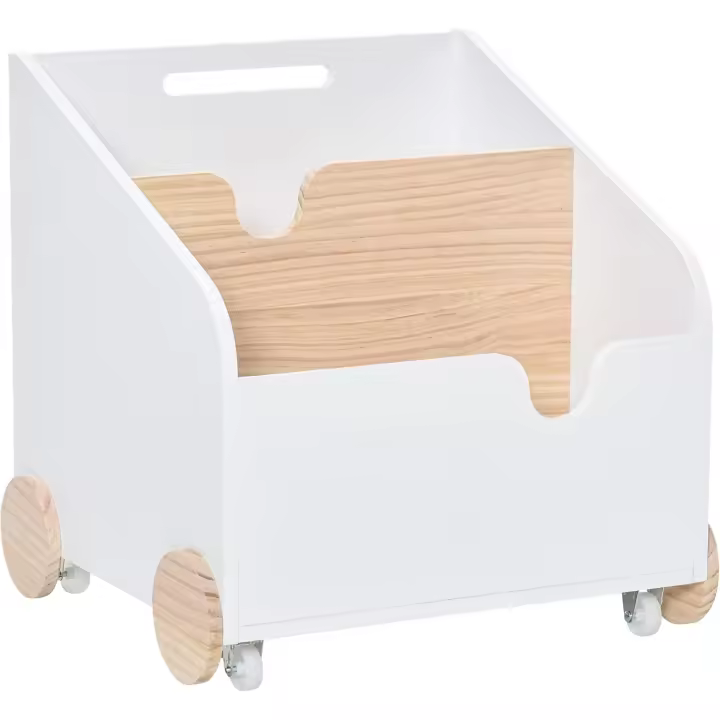 Caja de Almacenamiento de Juguetes de Madera 2 Secciones con Ruedas Libro de Cuentos para Habitación de Niños 40x43x43 cm Blanco y Natural - 1