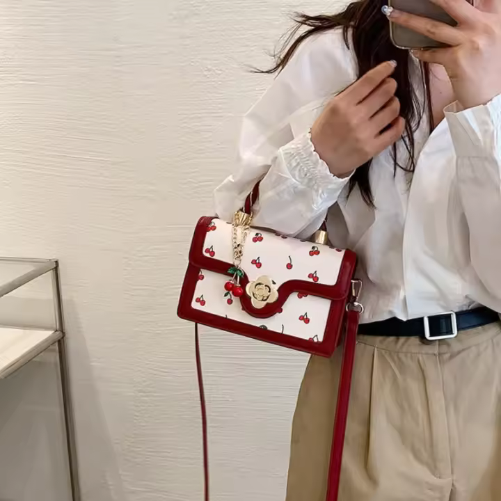 Bolso cruzado con estampado de cerezas para mujer, bolso de hombro, bolso de moda, bolso con cierre de solapa - 1