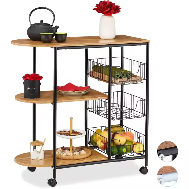 Carro Servicio, Carrito Cocina con 3 estantes y 3 cestas, Industrial, Metal y MDF, 84x83x37 cm, Negro/Marrón - 1
