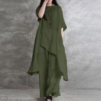 Conjunto deportivo informal de 2 piezas de lino y algodón para mujer, Top largo de manga corta con cuello redondo, estilo coreano de talla grande - details 7