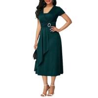 BUNO-Vestido de fiesta de cóctel para mujer, vestido informal con cuello en V, manga corta, cintura con cordones, asimétrico, dobladillo ancho, vestido de fiesta de noche - details 7