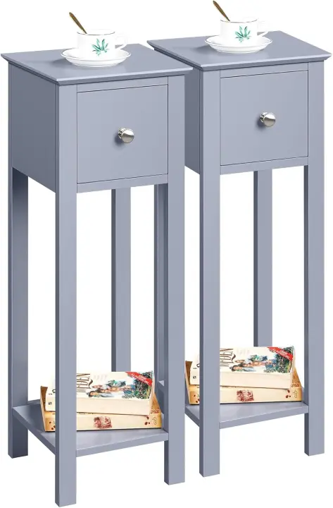 Mesita de Noche de Madera Lacada Alta 2pcs con Cajón y Estante 25x25x70cm - 1