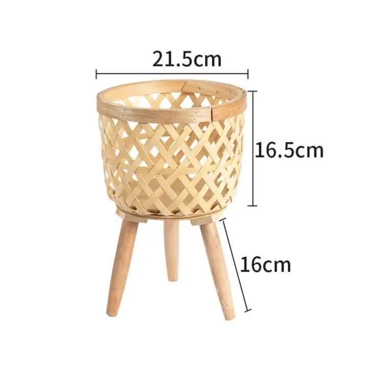 Maceta de flores tejida de bambú hecha a mano con taburete de soporte con patas, flores de plantas de exhibición de soporte de almacenamiento, paja tejida - 1