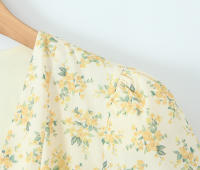 New Women Vintage Puff Short Sleeve V Neck Yellow Floral Print Dress Pleated Hem Female Holiday Summer Mini Robe - details 3