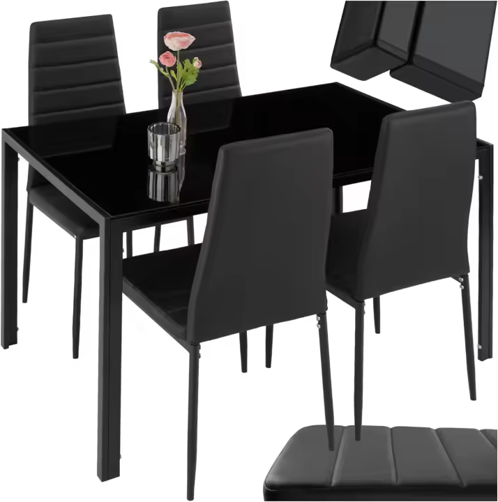 conjunto mesa y sillas de comedor, mesa con tablero de cristal de seguridad y 4 sillas de cocina tapizadas en cuero sintético, estructura de acero, sillas de comedor, conjunto de muebles de cocina - Blanco - 1